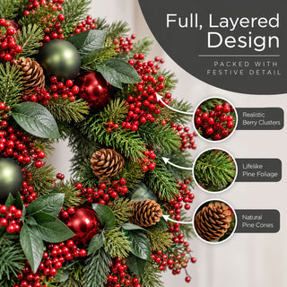 Neo Christmas Door Wreath Berries Baubles Pine Cones 50 cm