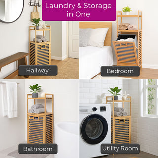 Neo Bamboo Laundry Bin Hamper Basket Tilt Pull Out Basket Storage 2 Tier Shelves Natural Space Saving Organiser Foldable Liner Ventilated Slatted Design Elevated Legs