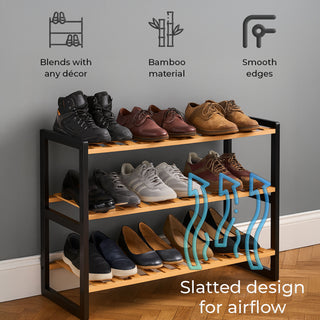 Neo Black Natural 3-Tier Bamboo Shoe Rack Stand Natural Wooden Shoe Storage Shelf for Hallway Bedroom Bathroom