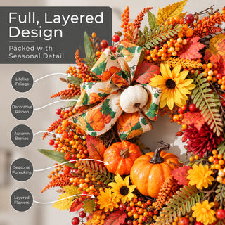 Neo Autumn Wreath Door Pumpkins Berries Sunflowers