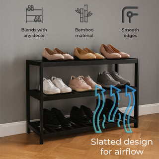 Neo Black 3-Tier Bamboo Shoe Rack Stand Natural Wooden Shoe Storage Shelf for Hallway Bedroom Bathroom