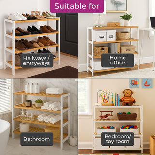 Neo White/Wood 4-Tier Bamboo Shoe Rack Wooden Shoe Storage Organiser Shelf for Hallway, Entrance Living Room