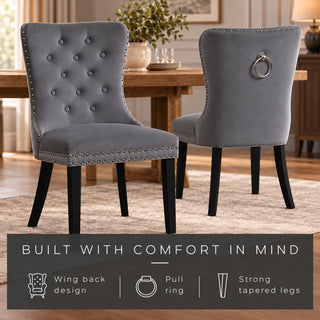 Neo Set of 2 Dark Grey Studded Velvet Dining Chairs