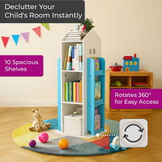Neo Blue House Shaped 360° Rotating Kid's Freestanding Bookshelf