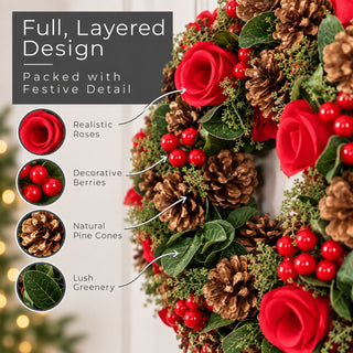 Neo 50cm Christmas Red Berries Roses Festive Door Wreath