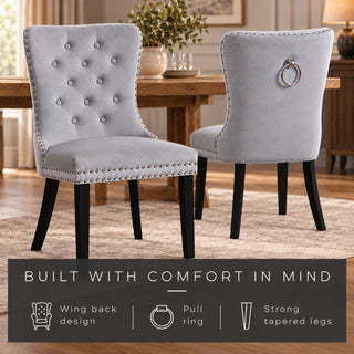 Neo Set of 2 Grey Studded Velvet Dining Chairs