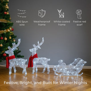Neo 120 Indoor Outdoor LED Light Up Reindeer and Sleigh Christmas Decoration Festive Display with Dual Light Effects Timer Red Scarves Weatherproof Frame 5m Lead Wire
