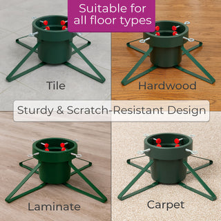 Neo Green and Red Christmas Tree Stand for Real Trees up to 8ft Extra Large Heavy Duty Metal Base with 4 Screws 3.3L Water Reservoir Tank Secure Stylish Festive Stable Design