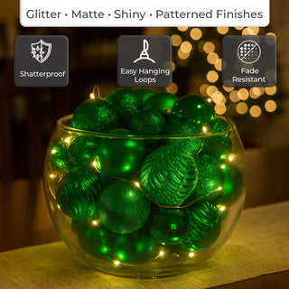 Neo Green 36 Christmas Tree Ornaments Set Baubles Glitter Balls Holiday Festive Decorations Assorted Sizes Colours Home Party Décor