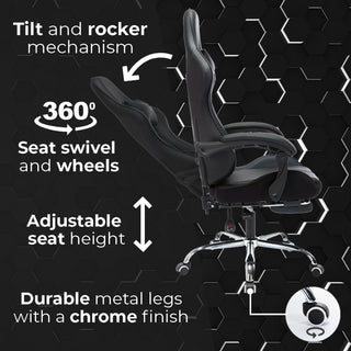 Neo White/Black Leather Gaming Chair with Massage Function & Footrest