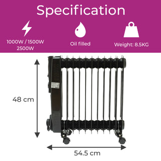 Neo 2500W 11 Fin Electric Oil Filled Radiator With Timer - Black