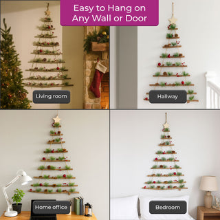Neo Wooden Hanging Wall Xmas Christmas Tree Ladder Decoration Rustic Nordic Hygge Style with Pine Cones Red Berries Jute Rope Wall Mounted Décor