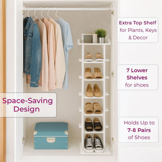 Neo White 7 Tier Wooden Shoe Rack Slim Narrow Storage Cabinet Space-Saving Entryway Bedroom Wardrobe