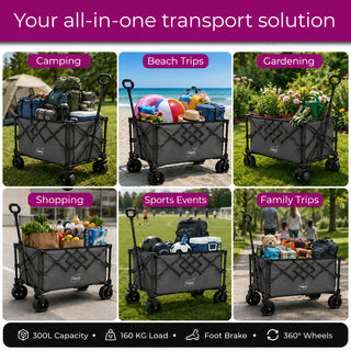Neo Heavy Duty Folding Wagon Cart 300L Adjustable Handle - Grey