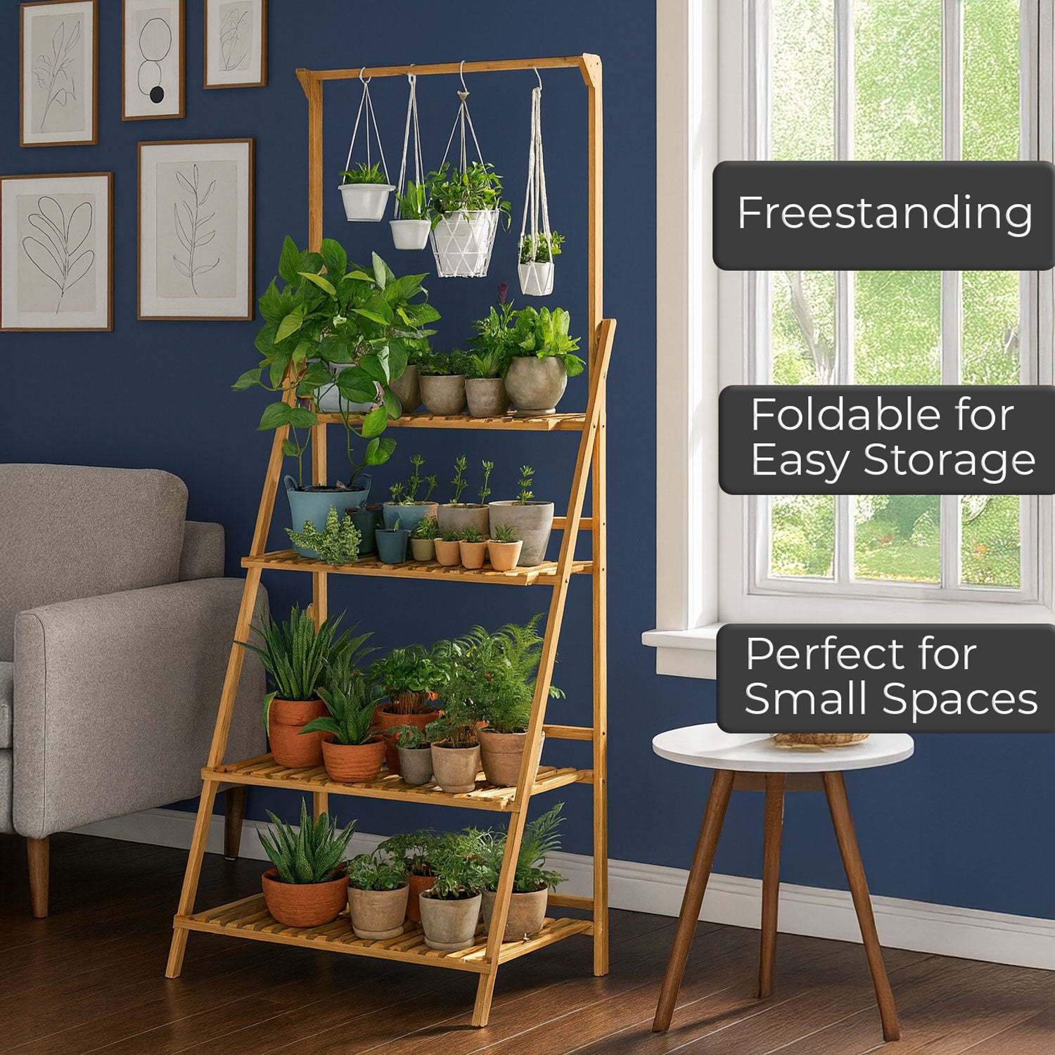 3 tier hanging plant stand Neo 3‑Tier Foldable Bamboo Plant Stand with Hanging Hook – Neo Direct