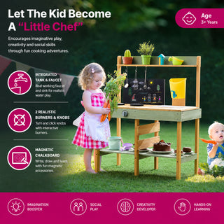 Neo Kids Wooden Outdoor Mud Kitchen Water Tap Sink Chalkboard