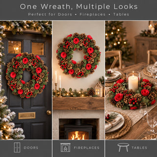 Neo 50cm Christmas Red Berries Roses Festive Door Wreath