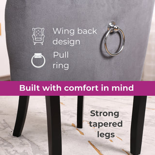 Neo Set of Four Dark Grey Studded Velvet Dining Table Chair with Ring Knocker Detail