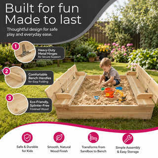 Neo Outdoor Wooden Kids Sandbox Sandpit Folding Bench Lid
