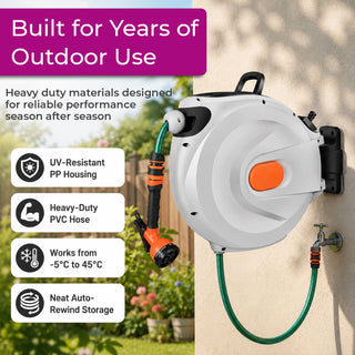 30m Retractable Garden Hose Reel Wall Mounted 180° Swivel Bracket 8 Spray