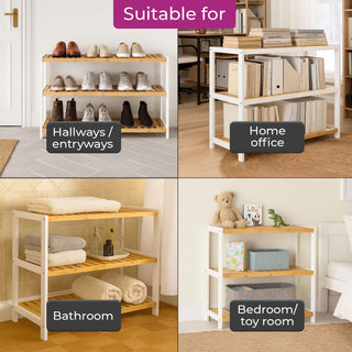 Neo White Natural 3-Tier Bamboo Shoe Rack Stand Natural Wooden Shoe Storage Shelf for Hallway Bedroom Bathroom
