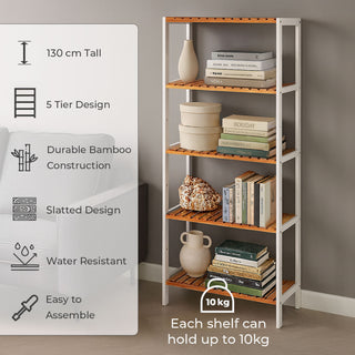 Neo Natural / White 5 Tier Bamboo Storage Shelf Shelves Rack Adjustable Multi-Purpose Rack Shoes Plants Bathroom Kitchen Hallway Room Organiser Unit