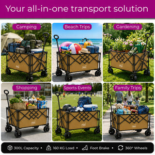 Neo Heavy Duty Folding Wagon Cart 300L Adjustable Handle - Khaki
