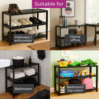 Neo Black 3-Tier Bamboo Shoe Rack Stand Natural Wooden Shoe Storage Shelf for Hallway Bedroom Bathroom