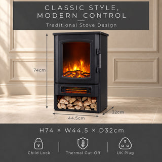 Neo Black 2000W Electric Heater with Realistic Flame Remote Control
