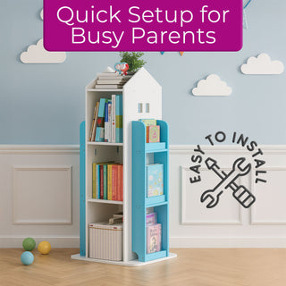 Neo Blue House Shaped 360° Rotating Kid's Freestanding Bookshelf