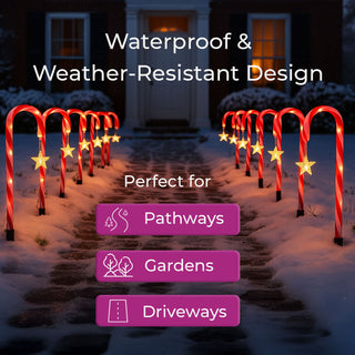 Neo Large 42cm 12 Piece Set Pack Remote Solar Panel Battery Candy Cane Christmas Lights LED Outdoor Decorations 8 Modes Festive Path Waterproof Yard Stakes