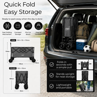 Neo Heavy Duty Folding Wagon Cart 300L Adjustable Handle - Grey