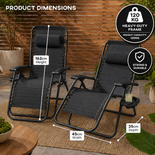 Neo Black Zero Gravity Recliner Garden Sun Loungers x2