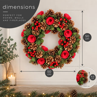 Neo 50cm Christmas Red Berries Roses Festive Door Wreath