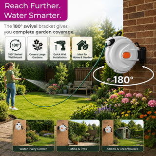 30m Retractable Garden Hose Reel Wall Mounted 180° Swivel Bracket 8 Spray
