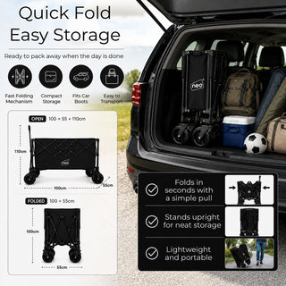 Neo Heavy Duty Folding Wagon Cart 300L Adjustable Handle - Black