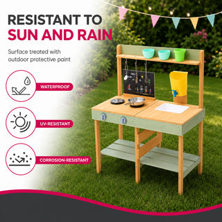 Neo Kids Wooden Outdoor Mud Kitchen Water Tap Sink Chalkboard