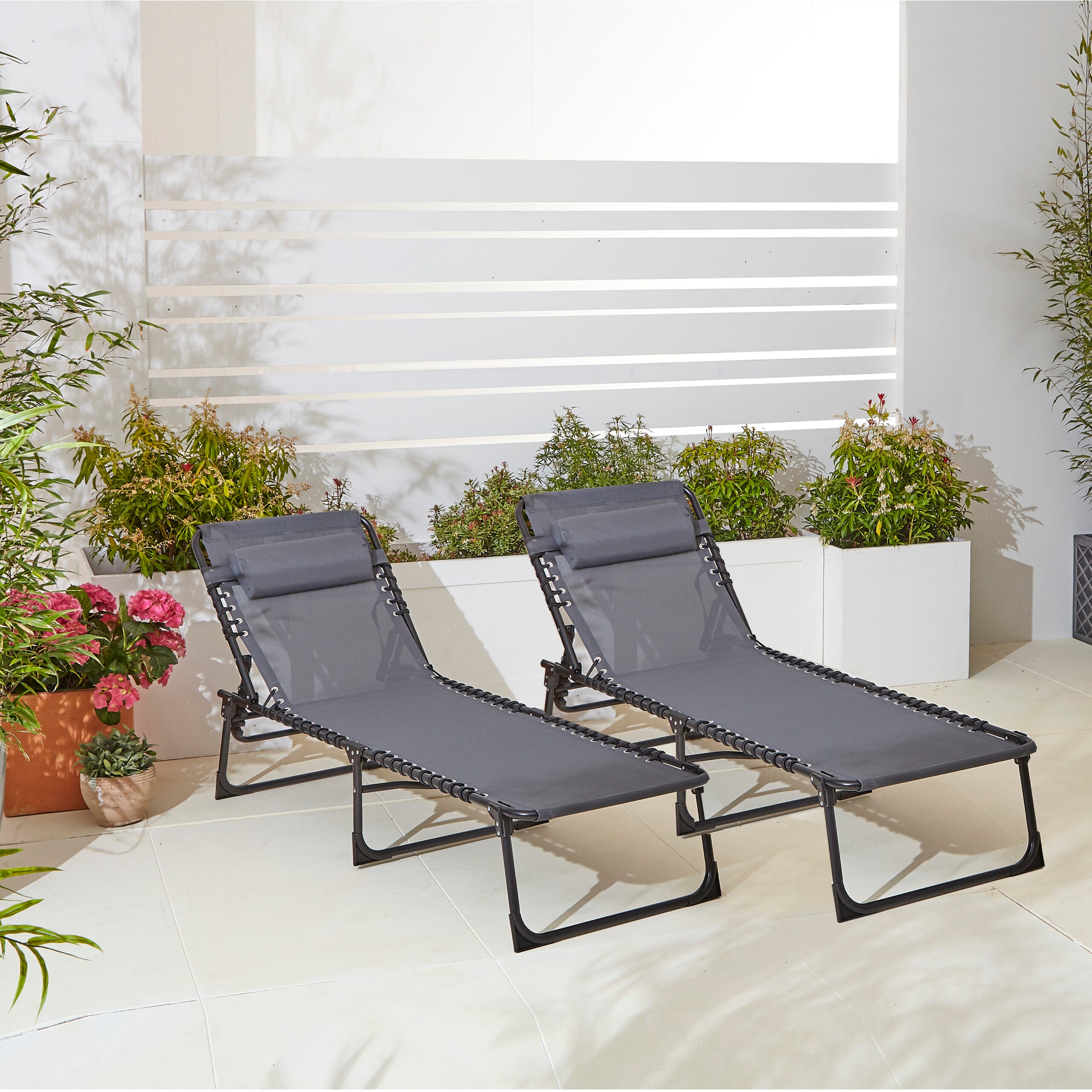 Two Neo Grey Outdoor Folding Sun Loungers – Neo Direct