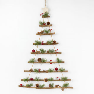 Neo Wooden Hanging Wall Xmas Christmas Tree Ladder Decoration Rustic Nordic Hygge Style with Pine Cones Red Berries Jute Rope Wall Mounted Décor