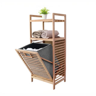 Neo Bamboo Laundry Bin Hamper Basket Tilt Pull Out Basket Storage 2 Tier Shelves Natural Space Saving Organiser Foldable Liner Ventilated Slatted Design Elevated Legs