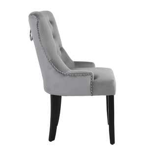 Neo Dark Grey Studded Velvet Dining Table Chair with Ring Knocker Detail x2