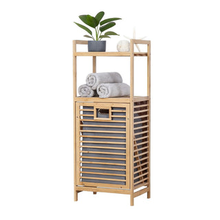 Neo Bamboo Laundry Bin Hamper Basket Tilt Pull Out Basket Storage 2 Tier Shelves Natural Space Saving Organiser Foldable Liner Ventilated Slatted Design Elevated Legs