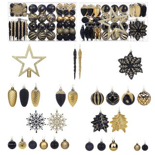 Neo Black and Gold 110PCS Christmas Tree Ornaments Set Shatterproof Baubles Decorations Tree Topper Star Luxury Ornament Kit Christmas Easy to Hang Home Party Décor Star Topper, Balls, Snowflakes & Icicles