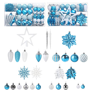 Neo Blue and White 110PCS Christmas Tree Ornaments Set Shatterproof Baubles Decorations Tree Topper Star Luxury Ornament Kit Christmas Easy to Hang Home Party Décor Star Topper, Balls, Snowflakes & Icicles