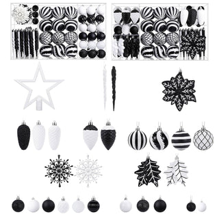 Neo Black and White 110PCS Christmas Tree Ornaments Set Shatterproof Baubles Decorations Tree Topper Star Luxury Ornament Kit Christmas Easy to Hang Home Party Décor Star Topper, Balls, Snowflakes & Icicles