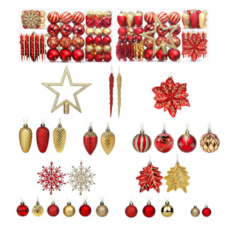 Neo Red and Gold 110PCS Christmas Tree Ornaments Set Shatterproof Baubles Decorations Tree Topper Star Luxury Ornament Kit Christmas Easy to Hang Home Party Décor Star Topper, Balls, Snowflakes & Icicles