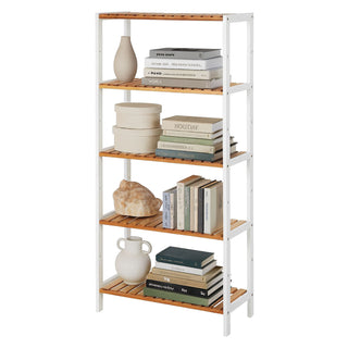 Neo Natural / White 5 Tier Bamboo Storage Shelf Shelves Rack Adjustable Multi-Purpose Rack Shoes Plants Bathroom Kitchen Hallway Room Organiser Unit