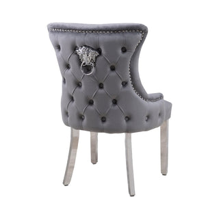 Set of Two Neo Grey Studded Velvet Dining Table Chairs with Mirrored Legs