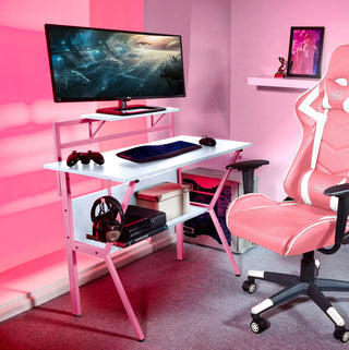 Neo Pink Ergonomic 2 Tier Gaming Computer Office Desk