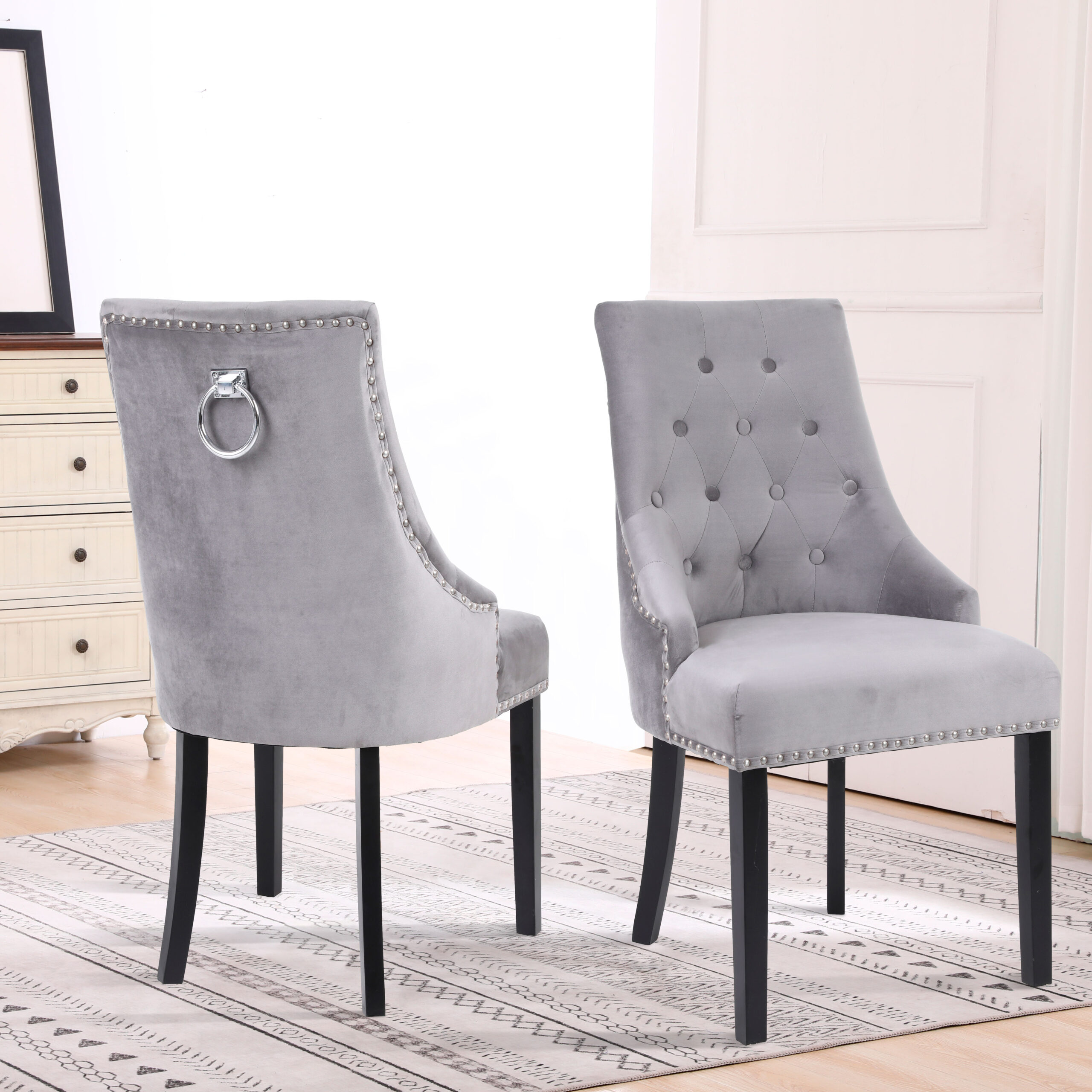 Hollyberry Home Grey Velvet Chair with Studded Detail and Knocker H97 x W54 x D65cm 
